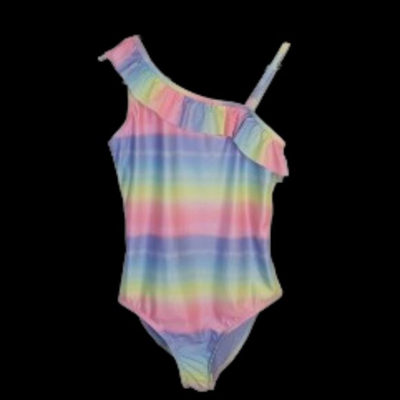Angel Beach Swimsuit One Piece Ruffled Trim Rainbow Pastel Stripes Size 12 - Picture 2 of 9